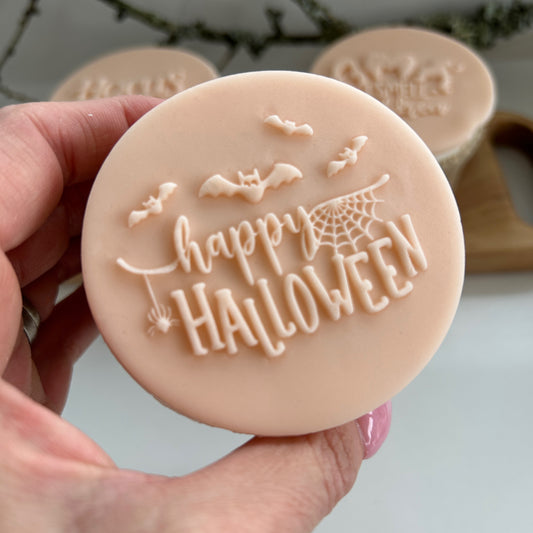 Happy Halloween with bats and spiders embossing stamp